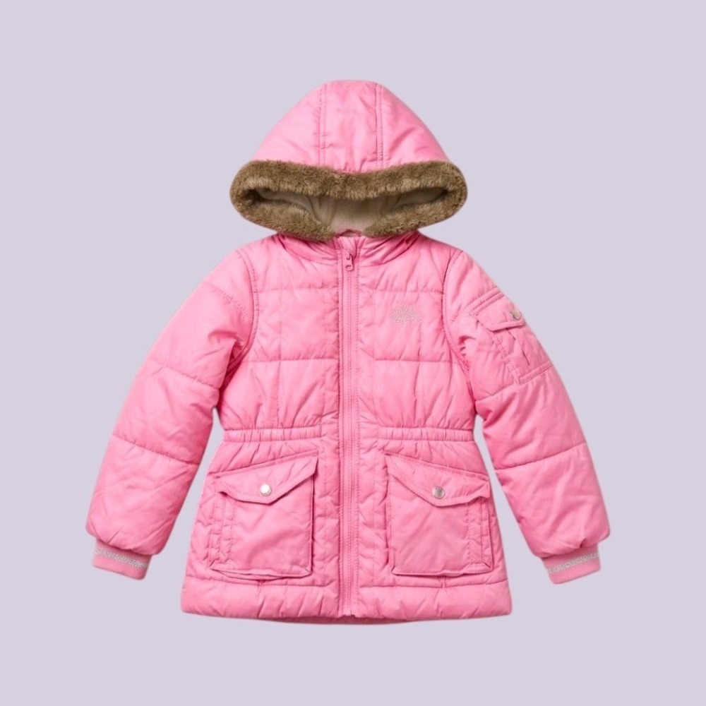 OshKosh Bgosh Girls Pink Puffer Jacket Faux Fur Hood Fleece Lined Size 6